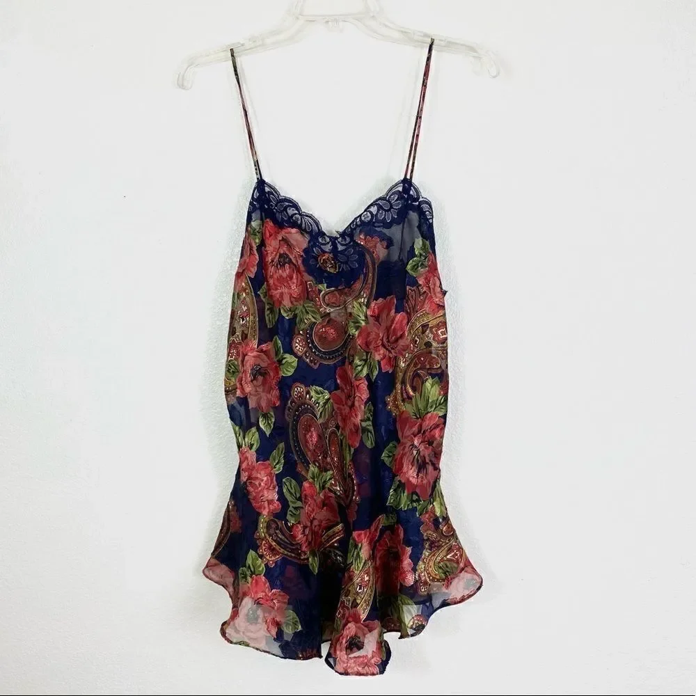 Vintage 80’s Victoria’s Secret Gold Label Navy & Red Floral Paisley Slip Chemise